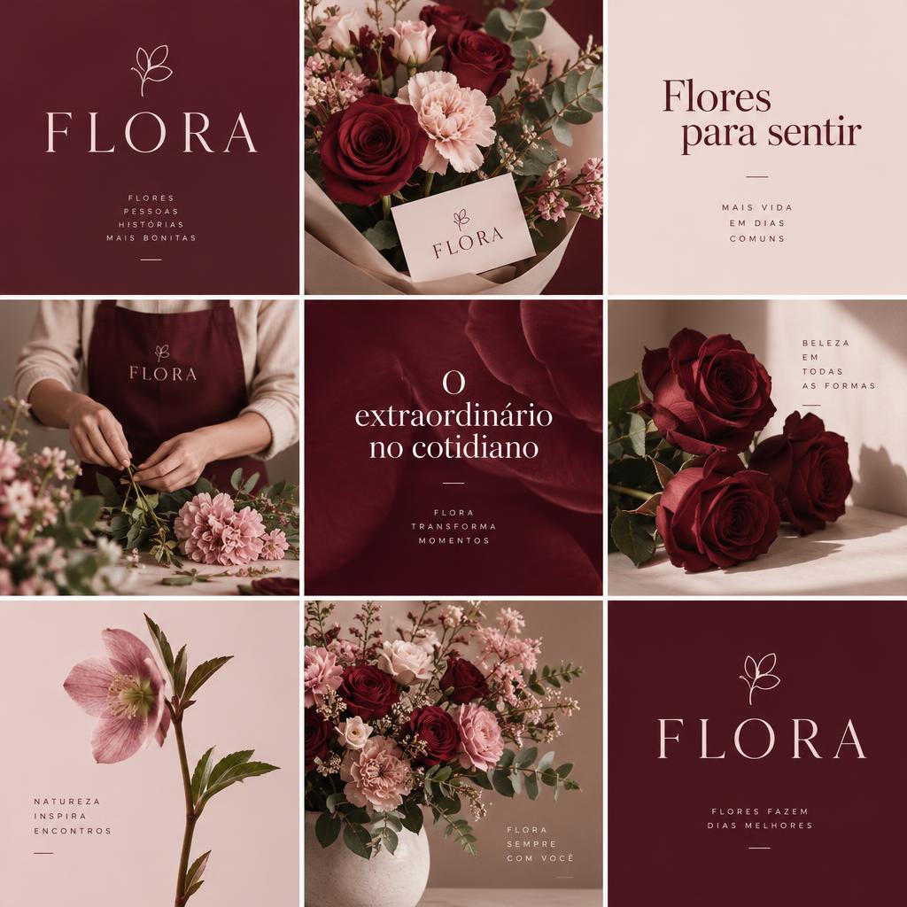 Feed conceitual da floricultura FLORA, com flores e identidade vinho e rosa