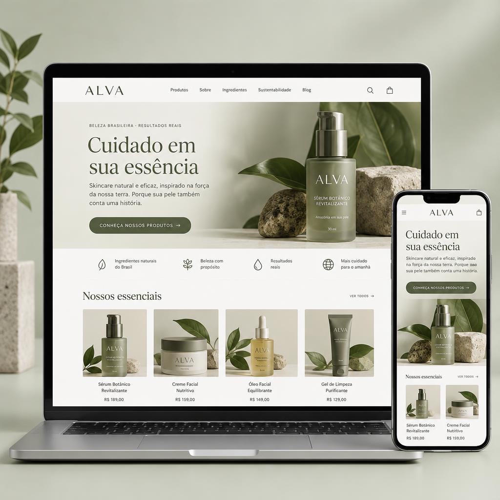 Mockup ilustrativo de website de cosméticos ALVA em notebook e celular