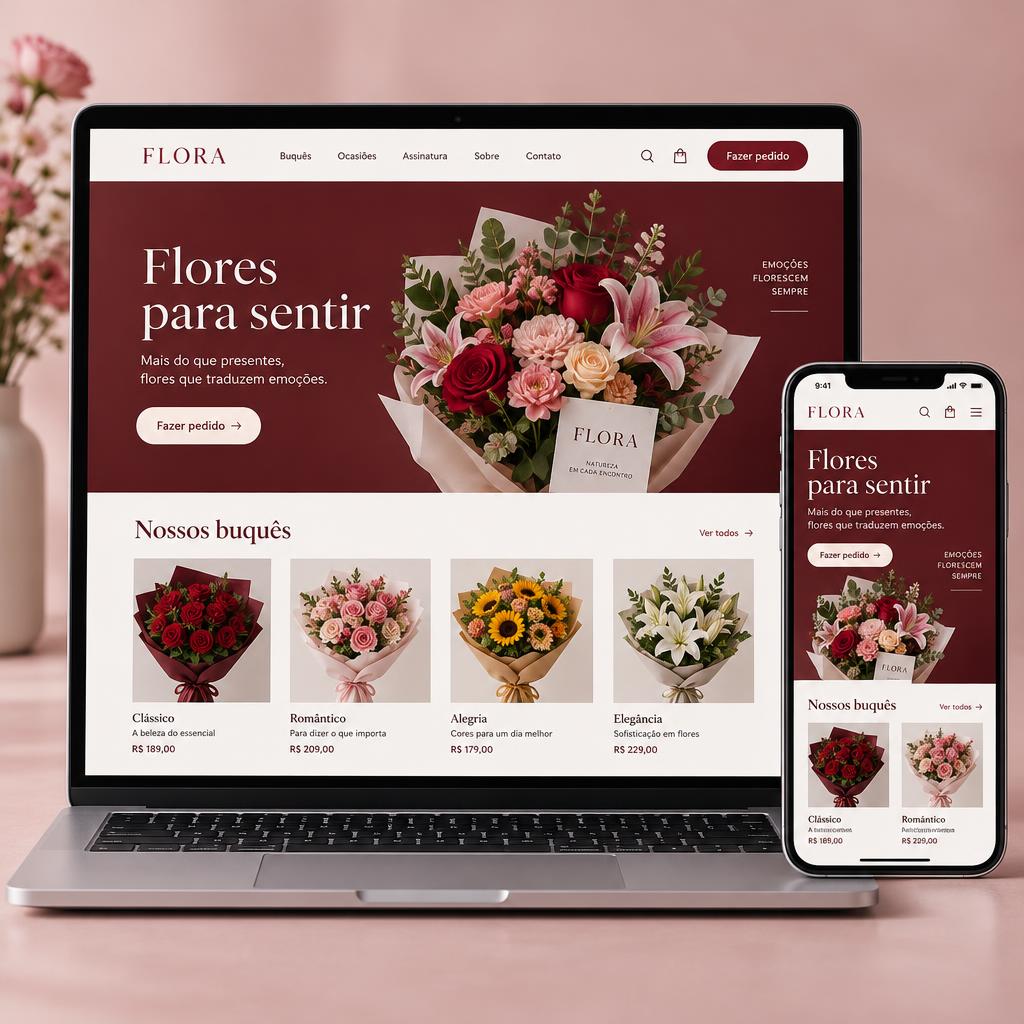 Mockup ilustrativo de website de floricultura FLORA em notebook e celular